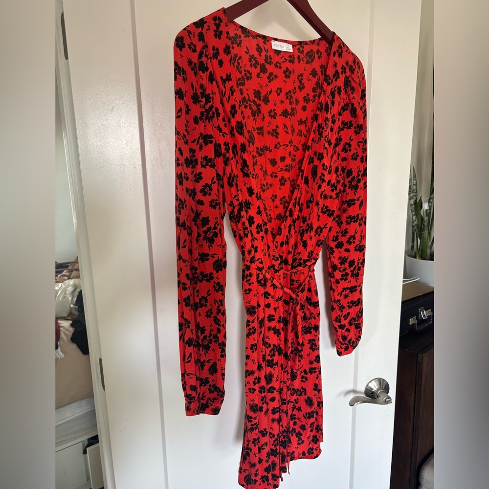 Kookai Red and Black Long Sleeve Wrap Dress